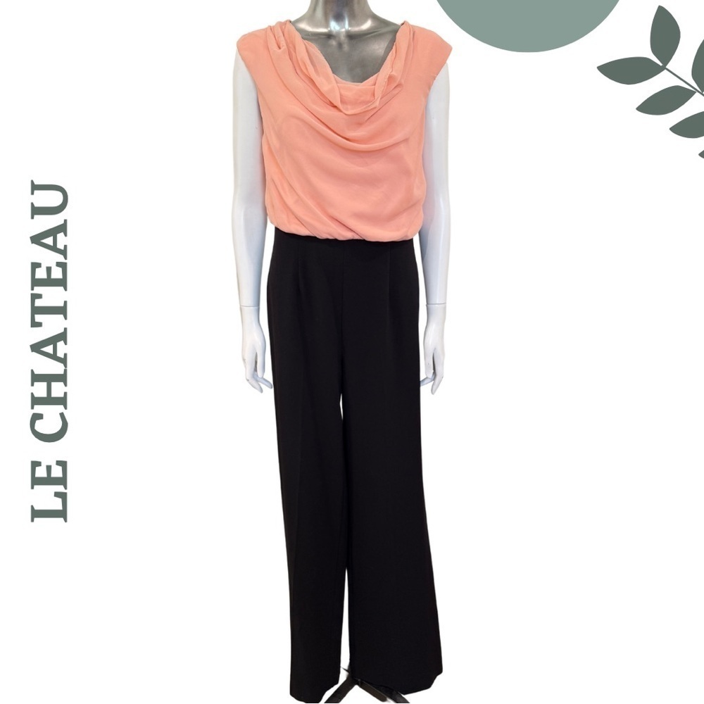 Elegant Le Château Two-Tone Jumpsuit with Cowl Neck Black Peach Size Small
